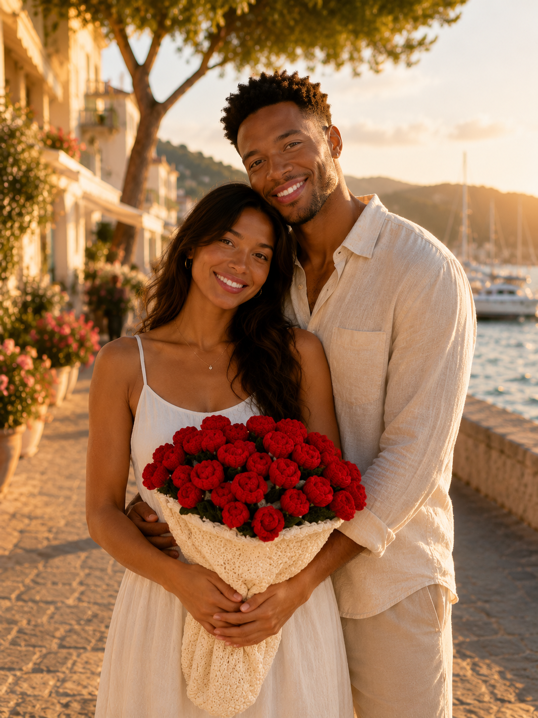 Couple tenant un bouquet de roses crochetées D'Amou au bord de mer
